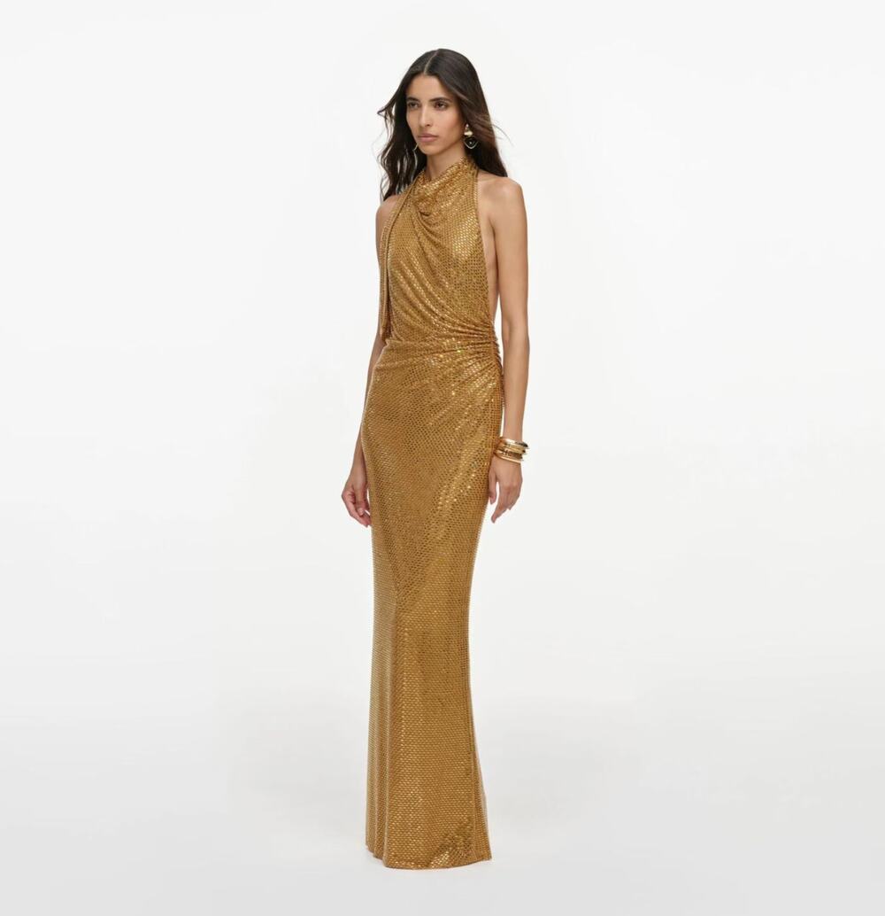 Self-Portrait Gold Rhinestone Halter Maxi Dress